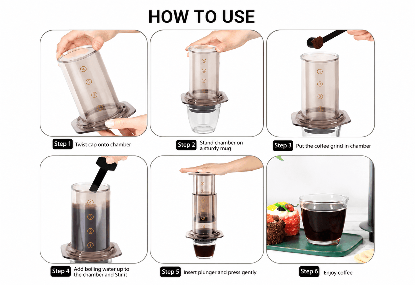 Guide on how to use a filter coffee maker, demonstrating steps to brew coffee manually.