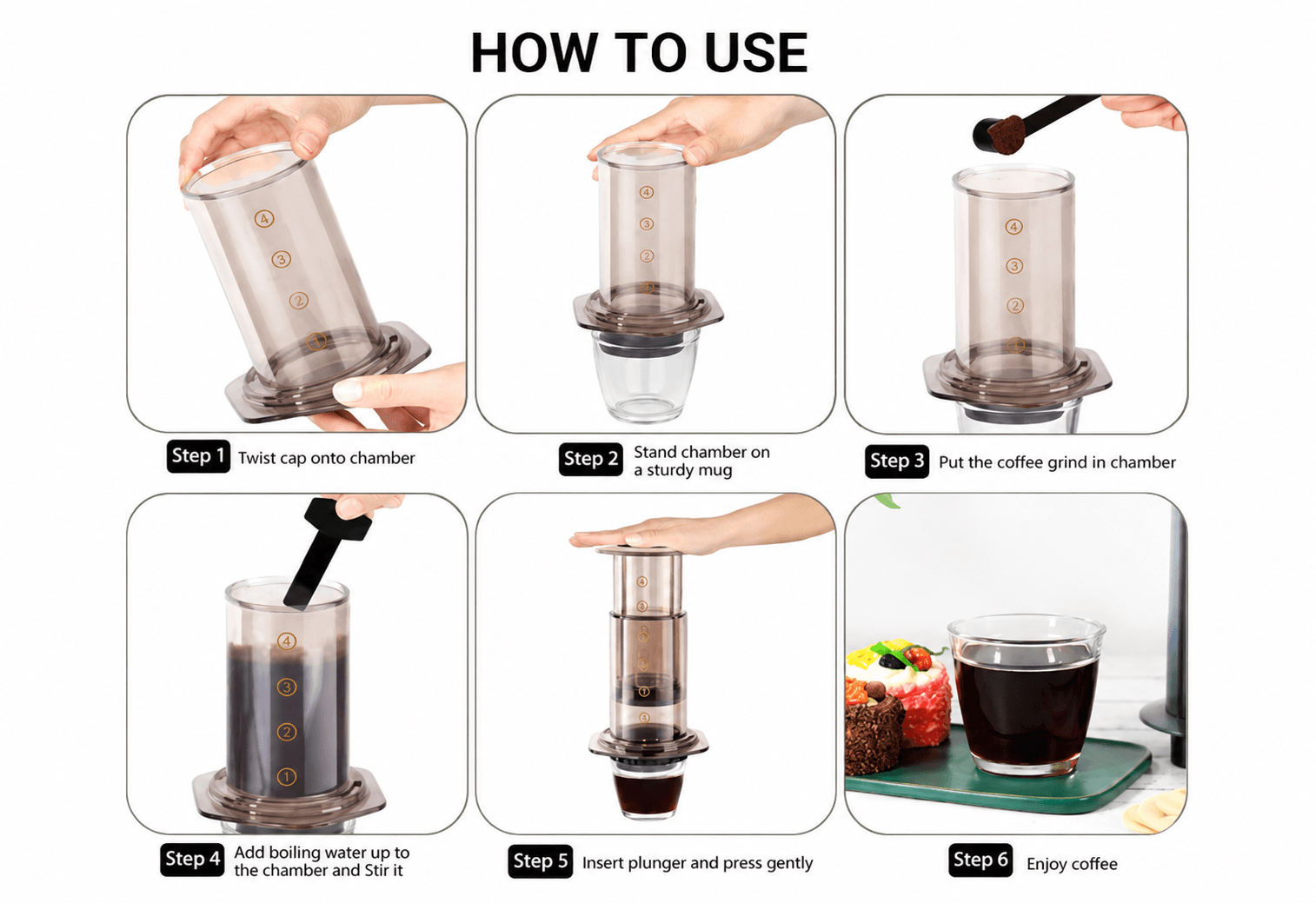 Guide on how to use a filter coffee maker, demonstrating steps to brew coffee manually.