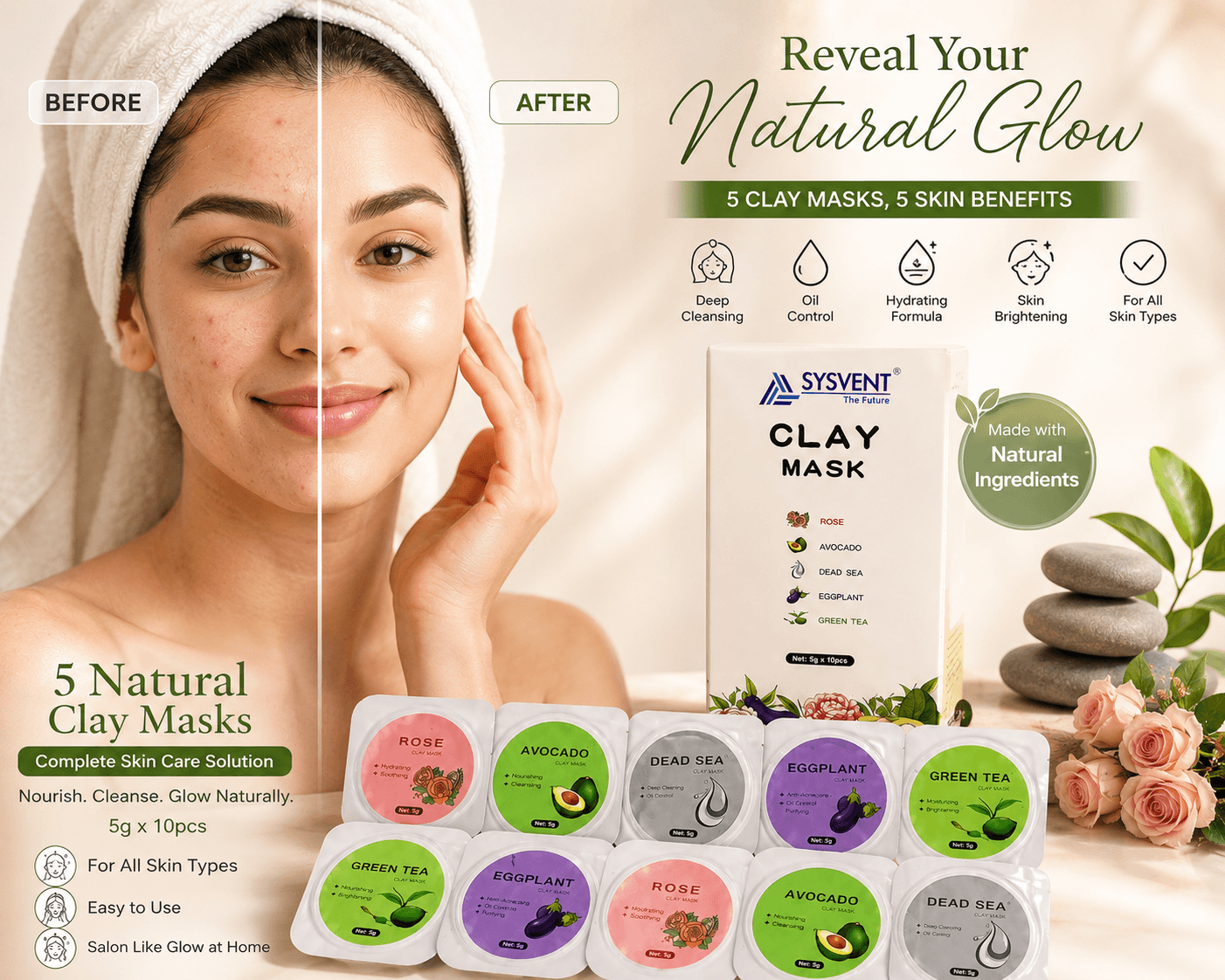 SYSVENT Clay Mask Combo Pack | Rose, Avocado, Dead Sea, Eggplant & Green Tea