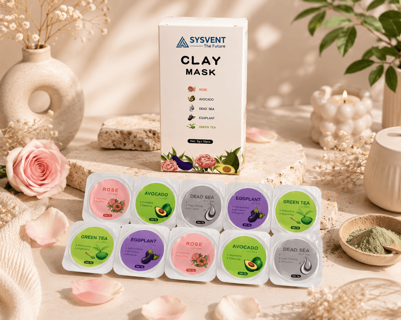SYSVENT Clay Mask Combo Pack | Rose, Avocado, Dead Sea, Eggplant & Green Tea