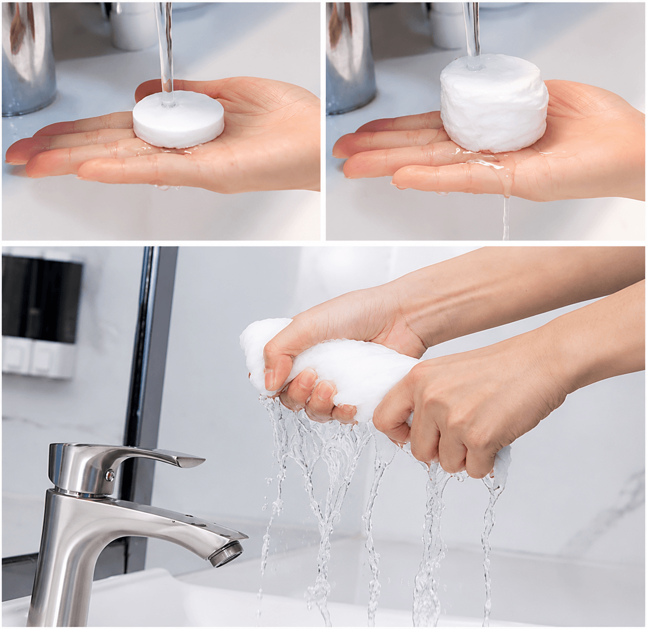 Steps showing how to use Disposable Compressed Towels, expanding with water for hygiene and cleaning.