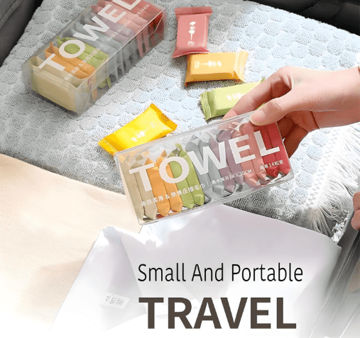Disposable Compressed Towels in a portable box for travel and easy cleaning on-the-go.