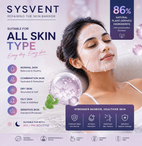 Sysvent Bio Collagen Deep Mask for all skin types, promoting hydration and a healthy glow with natural ingredients.