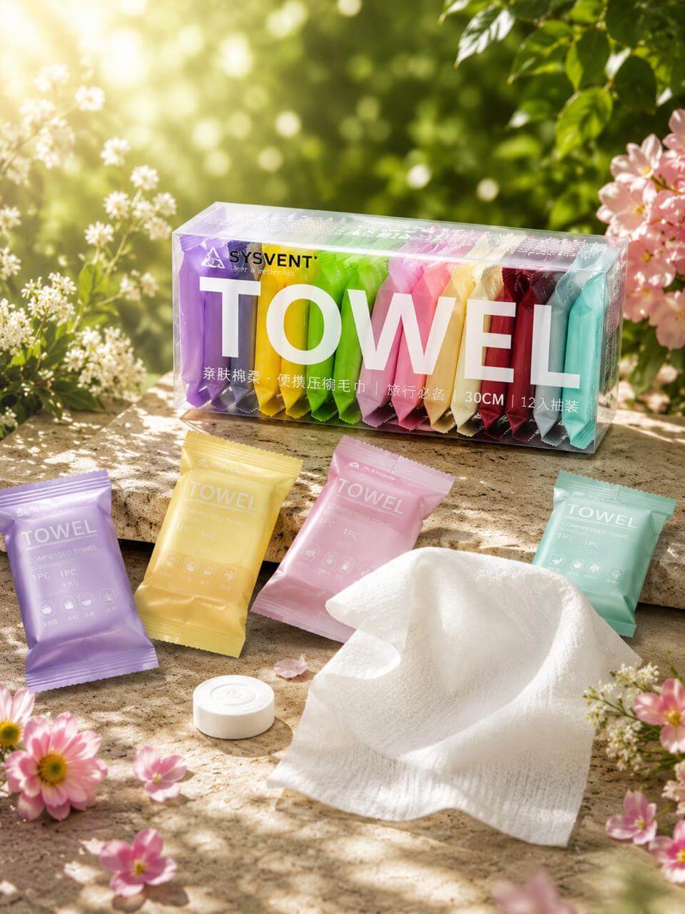 SYSVENT Disposable Compressed Towels packed in vibrant colors, expanding into soft washcloths for hygiene and travel.