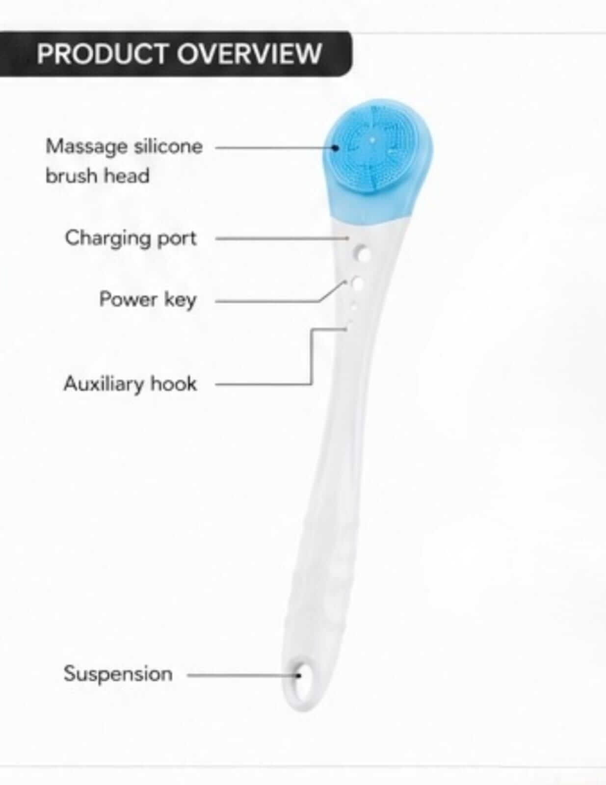 Silicone body scrubber product overview with features labeled including massage brush head and charging port.