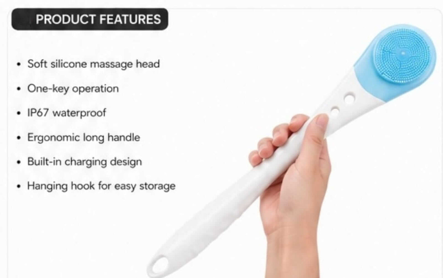 Silicone body scrubber features soft silicone massage head, one-key operation, IP67 waterproof, ergonomic handle, and built-in charging.