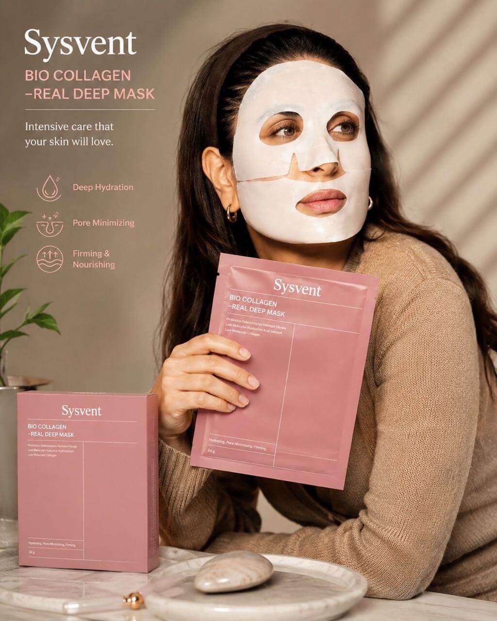 A woman using Sysvent Bio Collagen Deep Mask for hydration and skin firming, showcasing product packaging.