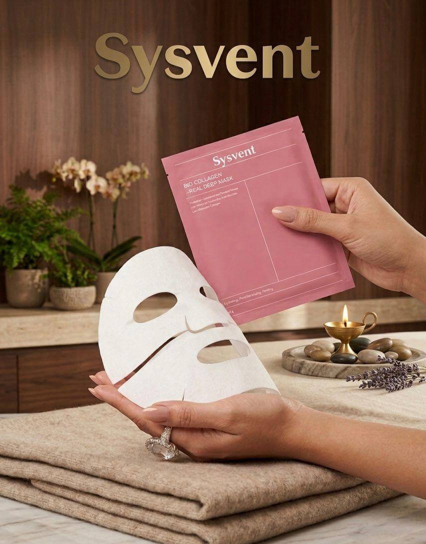 Bio Collagen Deep Mask by Sysvent being held with a white sheet mask, showcasing skincare routine and product packaging.